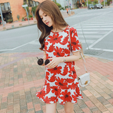韩国16夏季新款女装休闲太阳花短袖打底裙休闲显瘦荷叶边连衣裙女