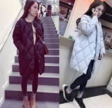 2015冬装新款韩版宽松中长款羽绒棉衣外套女菱形格子时尚显瘦棉服