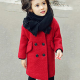 女大童冬新款韩版女童毛呢加厚双排扣中长款呢子大衣外套上衣红色