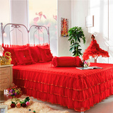 大红色结婚全棉加厚双人蕾丝床裙 婚庆夹棉床单床罩纯棉纯色单件