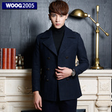 WOOG2005韩版修身男士翻领呢大衣2015冬季纯色羊毛短款青年呢外套