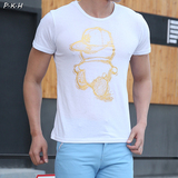 P·K·H夏季新款男士短袖T恤男圆领t恤韩版修身上衣印花百搭体恤