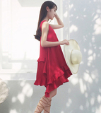 韩版夏季荷叶边宽松大码不规则百褶背心裙无袖雪纺红色A字连衣裙