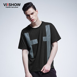 viishow男装夏季新款短袖T恤 欧美流行几何图案黑色大码宽松上衣