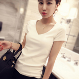 韩国代购春夏女士短袖t恤修身上衣v领纯白色女装大码纯棉打底衫潮