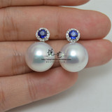 热款18K白金镶嵌白珍珠蓝宝耳环专业珠宝设计精工个性定制加工款