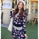 韩国东大门代购春秋新款女卫衣短裙两件套玫瑰花朵开衫休闲套装潮