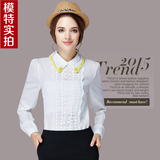 2015秋装新款蕾丝打底衫韩版OL翻领气质长袖大码白色雪纺衬衫女