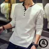 2016春夏款男士长袖亚麻V领T恤港风日系男修身型纯色打底衫大码潮