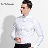 元本BASIQUE 奢华水晶扣长袖衬衫 男修身100支纯棉商务正装白衬衣
