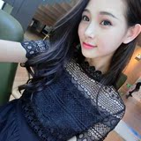 2016夏季新韩版 薄款短袖镂空花边蕾丝连衣裙 黑色收腰蓬蓬裙中裙