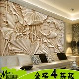 促仿木雕浮雕画新古典中式大型壁画3D立体壁纸客厅电视背景墙荷花
