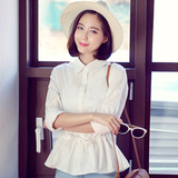 韩版夏季宽松白色立领衬衫女纯棉系带收腰荷叶边百搭衬衣女