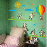 顽皮猴子热气球儿童房幼儿园背景墙创意绿色环保防水可移除墙贴纸