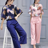 名媛2016新款女装夏装两件套裤粉色短袖九分裤春装休闲时尚套装女
