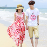 情侣装连衣裙 夏装套装韩国夏季印花短袖 海边度假沙滩情侣衫女裙