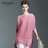 Shyslily2016夏装新款 欧洲站时尚气质淑女中袖流苏褶皱A字连衣裙