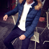 2015冬季新款时尚男士棉衣中长款连帽带毛韩版修身青少年薄款棉服