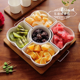 日式陶瓷干果分格带盖零食点心拼盘瓜子坚果水果盘子含竹托包邮