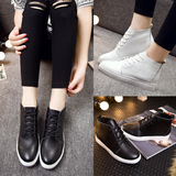 韩版真皮小白鞋隐形内增高黑色白色平底高帮鞋女休闲系带运动板鞋