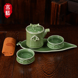 创意养生恬瓷快客杯一壶二杯配叶形茶盘 简易便携式陶瓷办公茶具