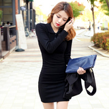 黑色长袖T恤女韩版学生纽扣中长款包臀连衣裙秋装上衣显瘦打底衫