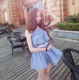 2015夏韩国购性感一字领露肩荷叶边条纹夜店抹胸裹胸甜美连衣裙子