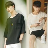 夏季宽松纯色棉麻亚麻中袖七分袖韩版日系半袖短袖半截袖T恤男潮