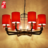 新中式餐厅吊灯红色布艺现代水晶灯客厅卧室鸟笼铁艺酒店工程灯具