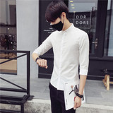 亚麻衬衫男七分袖立领无领中国风衬衣外套青年韩版白色夏季