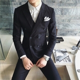 韩国春季韩版修身型商务小西装男士英伦复古双排扣西服棉麻外套潮