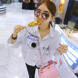 小辉家韩国代购女装2016夏季涂鸦卡通字母条纹可爱长袖衬衫