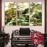 新中式装饰画客厅三联沙发背景墙壁画现代简约玄关挂画山水国画竖