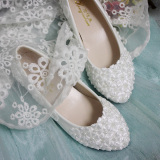 手工中跟婚纱鞋新娘鞋婚鞋白色平底蕾丝新娘结婚鞋平跟低跟伴娘鞋