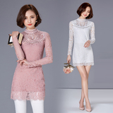 2016春季新款韩版修身中长款蕾丝打底衫女长袖镂空网纱薄款小衫潮