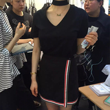 韩国东大门代购女装2016夏装新款显瘦挂脖套装连衣裙两件套短裙潮