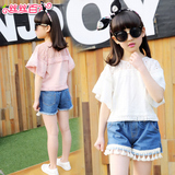 夏儿童时尚流苏运动两件套装女童3-12岁胖女孩显瘦白色T恤衫短裤