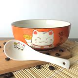 创意陶瓷日式泡面碗 6寸卡通招财猫面碗带盖带勺 学生泡面神器