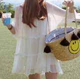 夏季新款日系甜美女装软妹短款纱裙圆罩衫透明蕾丝边公主连衣裙仙