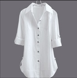 欧美品牌春夏女装长袖白衬衫 日韩版中长款休闲大码上衣纯棉衬衣