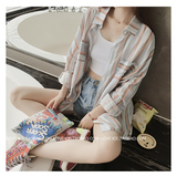 2016夏装新款韩国宽松棉麻竖条纹中长款衬衫女长袖防晒衣开衫上衣