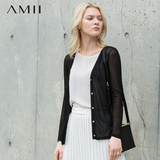 Amii女装 2016秋季新款通勤修身V领开襟薄款长袖毛针织衫女开衫