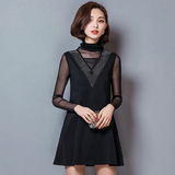 韩版时尚修身百搭显瘦女装裙子2016春款新款纯色蕾丝长袖连衣裙女