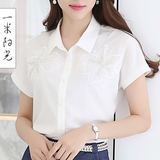 雪纺白色衬衫女士 韩范2016夏季新款女装上衣 修身显瘦绣花OL衬衣