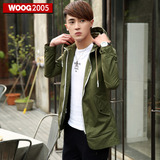 WOOG2005韩版连帽夹克男2016春季新款拉链外套纯色修身中长款上衣