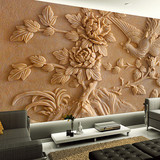 现代中式浮雕大型壁画仿真木雕立体3D电视背景墙壁纸客厅沙发墙纸