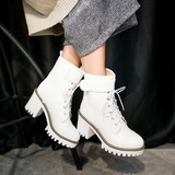 2016新款韩版单靴子女鞋春秋短靴马丁靴英伦系带高跟粗跟白色