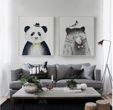 现代儿童房装饰画 熊猫黑白素描挂画 简约小孩房间墙画飞鸟和熊