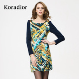 Koradior/珂莱蒂尔正品韩版印花时尚拼接修身包臀束腰夏季连衣裙