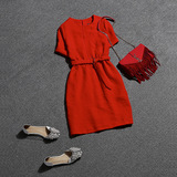 热门天后宫2016夏装新款经典红色时尚简约连衣裙气质显瘦一步裙女